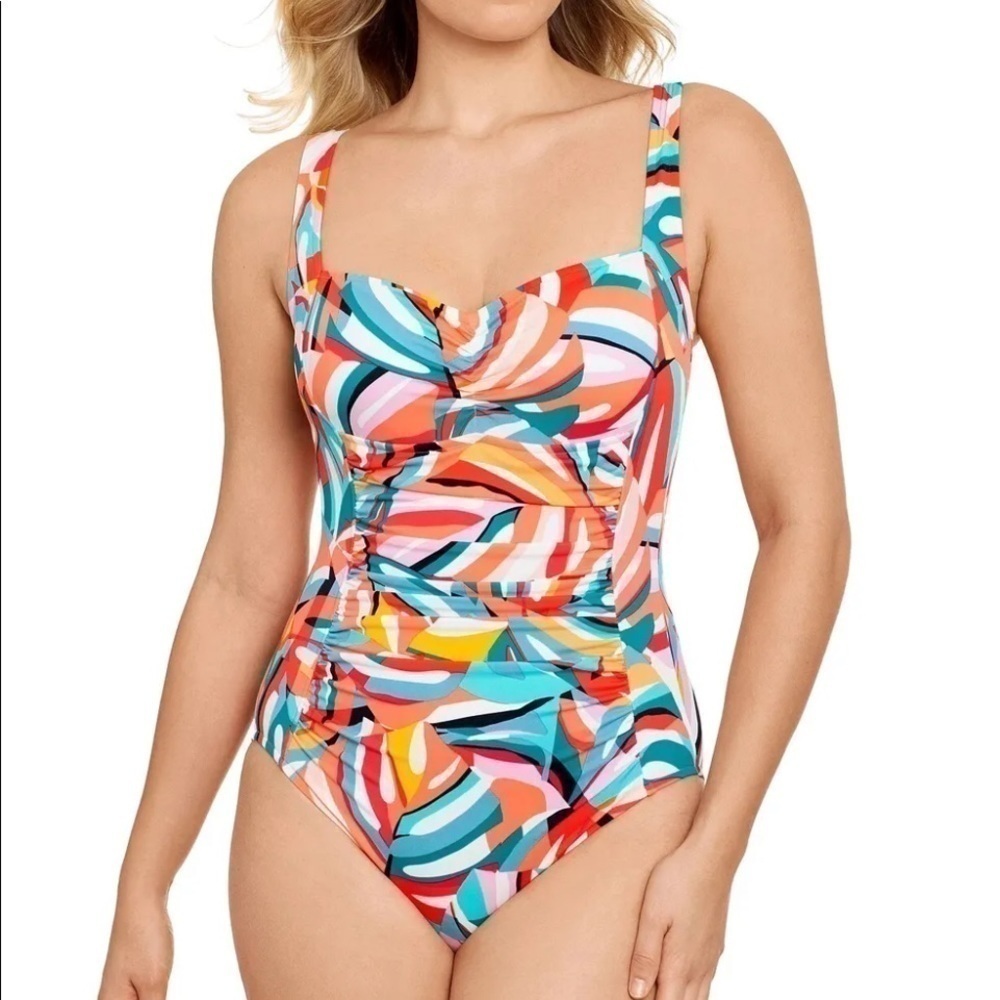 Swim Solutions Palm Art Shirred Tummy-Control One-Piece Swimsuit